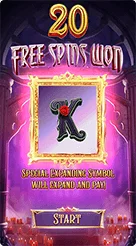 Vampire's Charm · Amati simbol yang mendarat pada 5 gulungan serta teks pemicu bonus pada bilah atas.